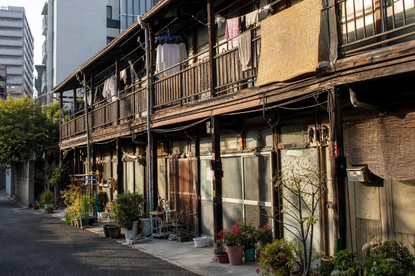 洗濯物と鉢植えが並ぶ路地沿いの文化住宅