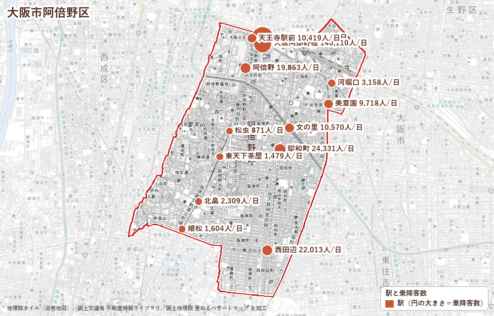 大阪市阿倍野区の駅と乗降客数の地図