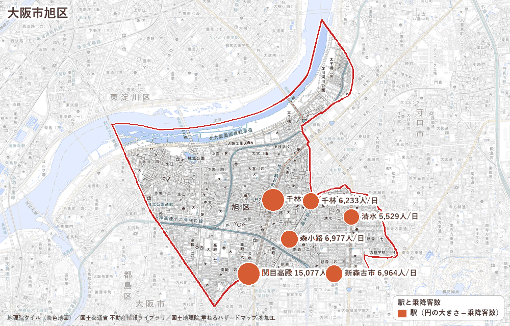 大阪市旭区の駅と乗降客数の地図