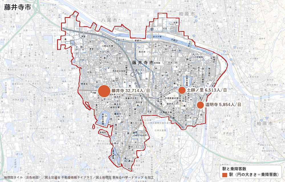 藤井寺市の駅と乗降客数の地図
