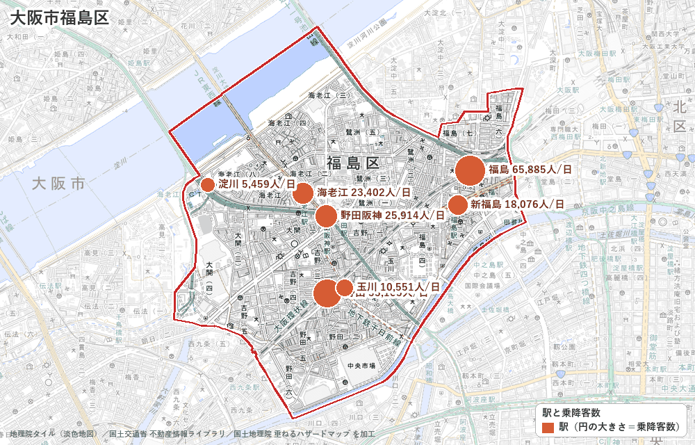 大阪市福島区の駅と乗降客数の地図