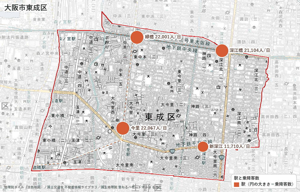 大阪市東成区の駅と乗降客数の地図