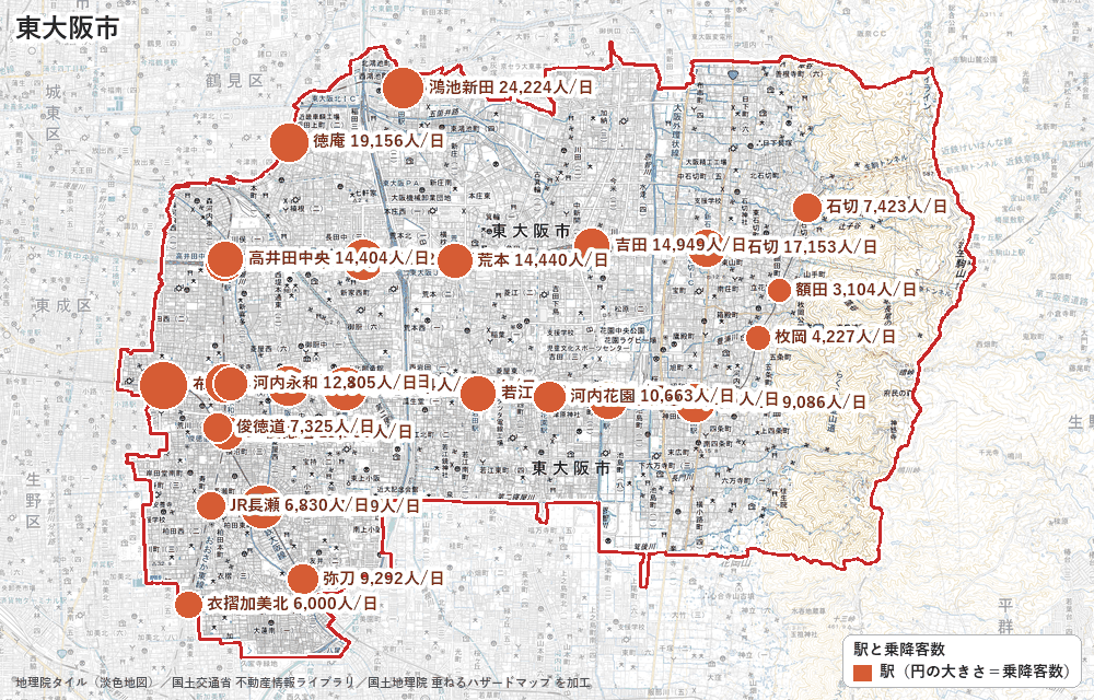 東大阪市の駅と乗降客数の地図