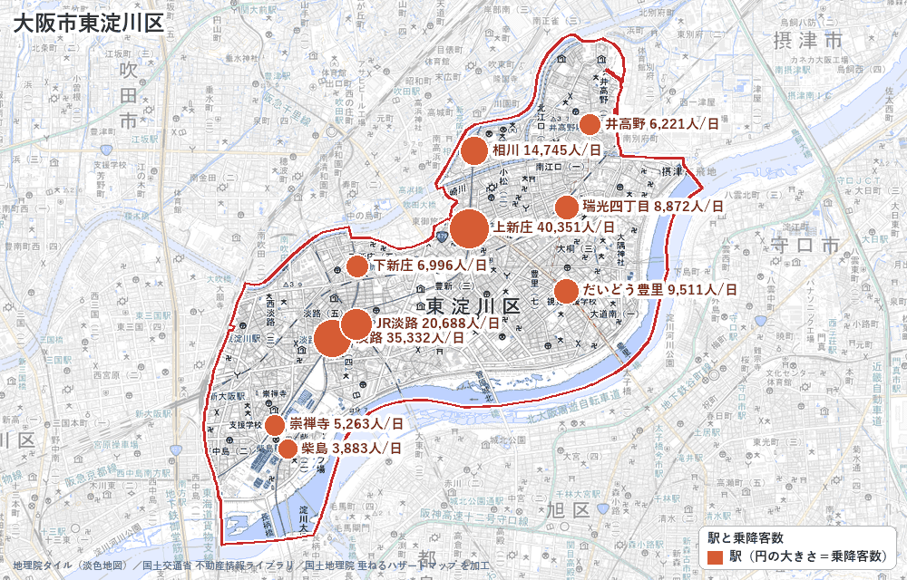 大阪市東淀川区の駅と乗降客数の地図