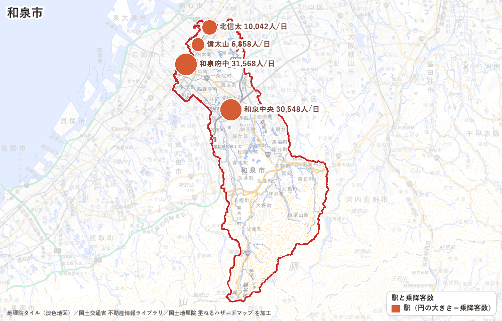 和泉市の駅と乗降客数の地図