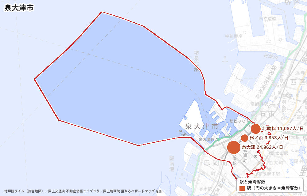 泉大津市の駅と乗降客数の地図
