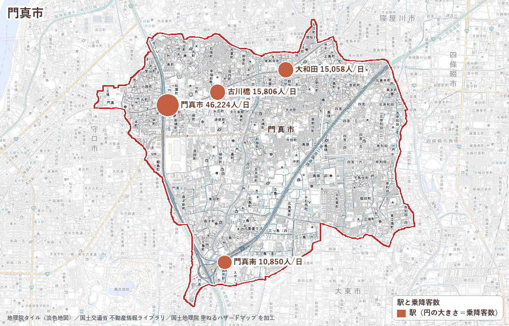 門真市の駅と乗降客数の地図