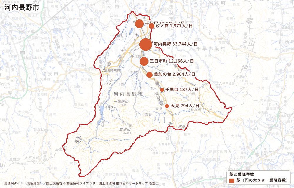 河内長野市の駅と乗降客数の地図