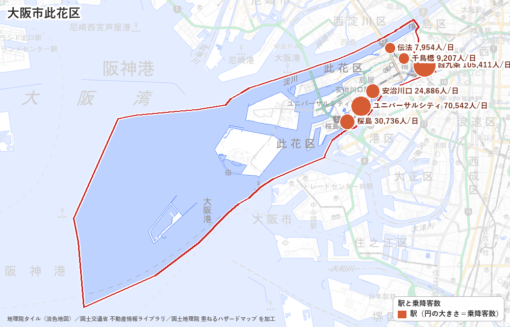 大阪市此花区の駅と乗降客数の地図