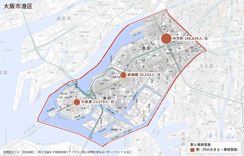大阪市港区の駅と乗降客数の地図