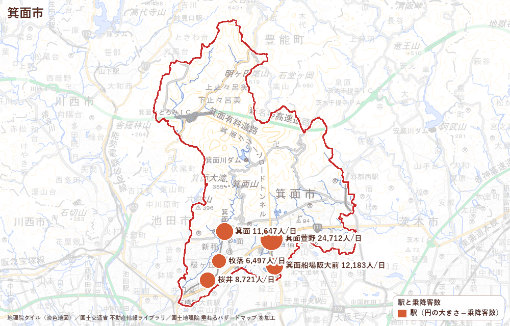 箕面市の駅と乗降客数の地図