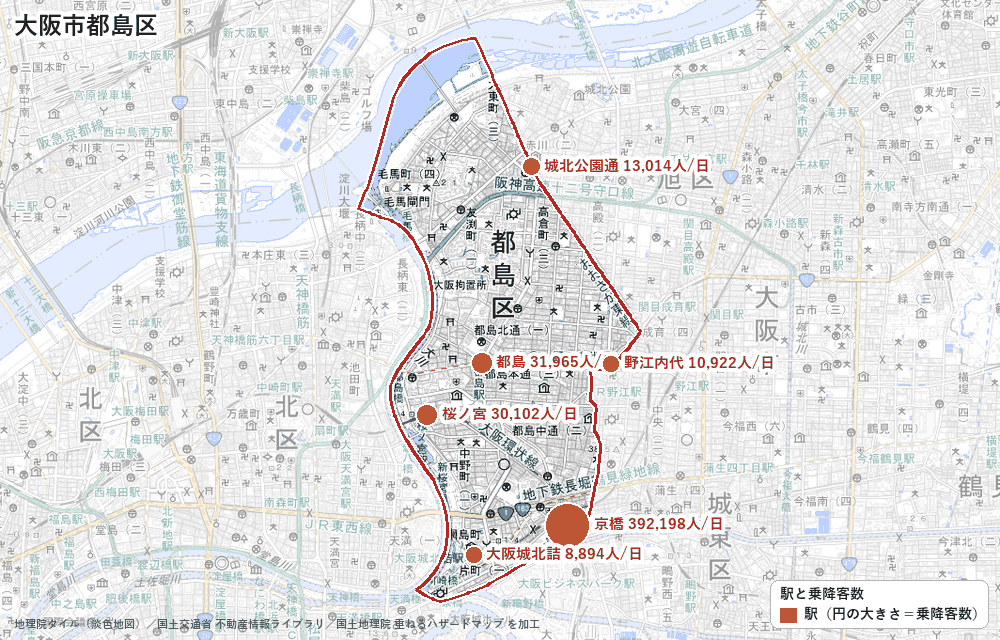 大阪市都島区の駅と乗降客数の地図