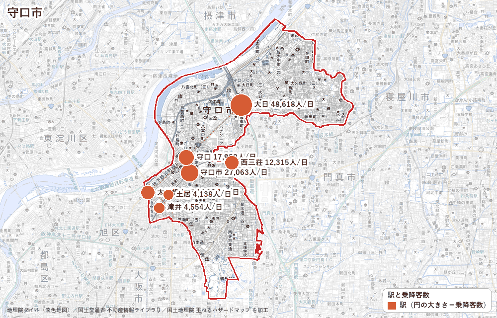 守口市の駅と乗降客数の地図