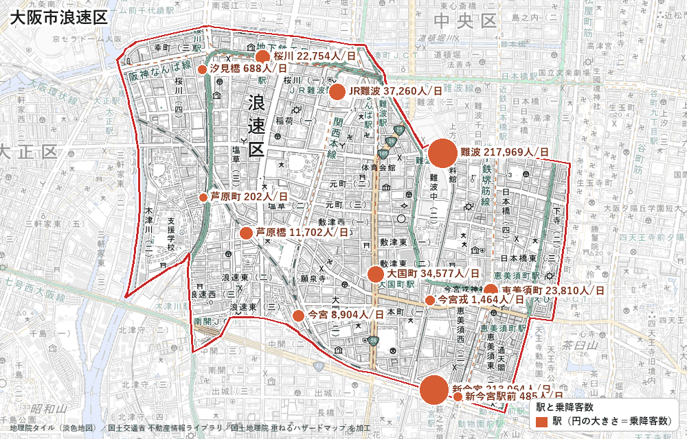 大阪市浪速区の駅と乗降客数の地図