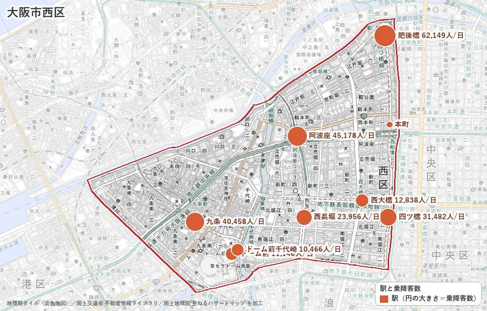 大阪市西区の駅と乗降客数の地図