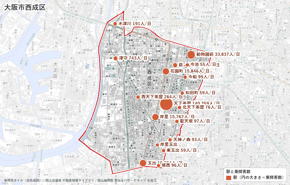 大阪市西成区の駅と乗降客数の地図