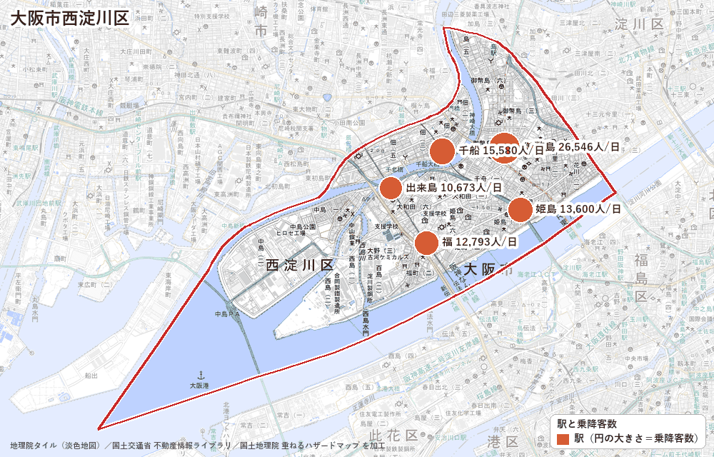 大阪市西淀川区の駅と乗降客数の地図
