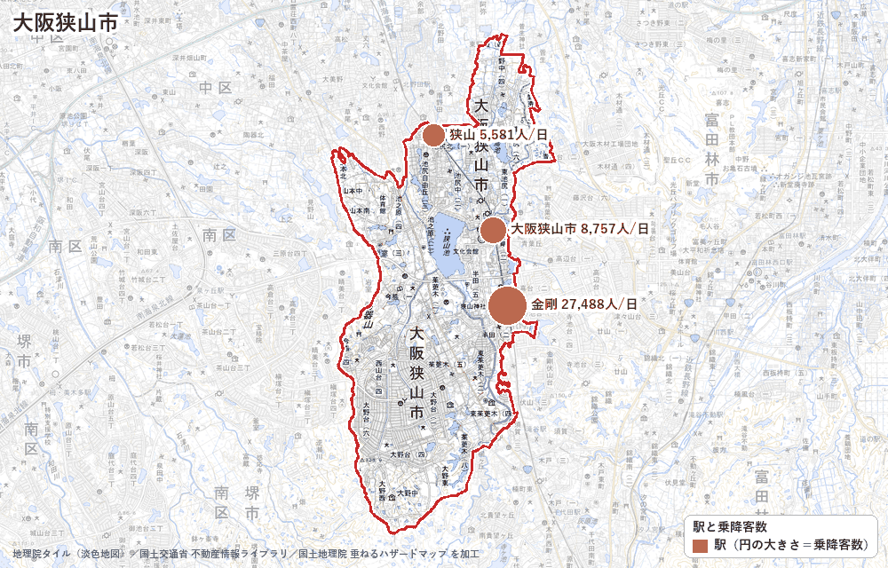 大阪狭山市の駅と乗降客数の地図
