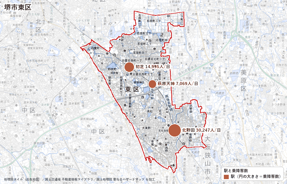 堺市東区の駅と乗降客数の地図