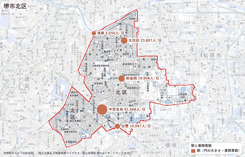 堺市北区の駅と乗降客数の地図