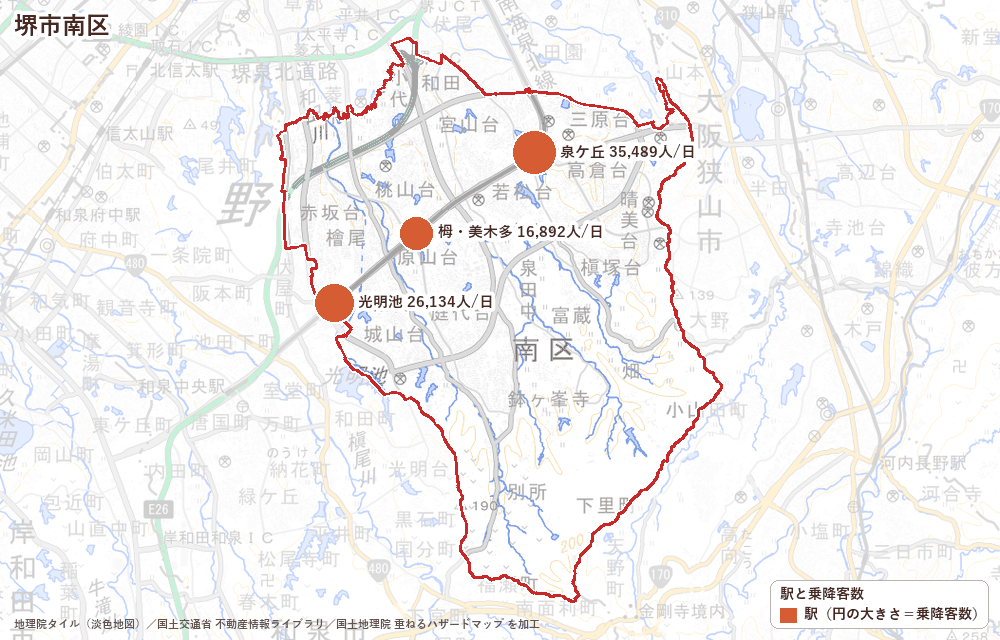堺市南区の駅と乗降客数の地図