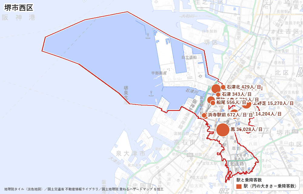 堺市西区の駅と乗降客数の地図