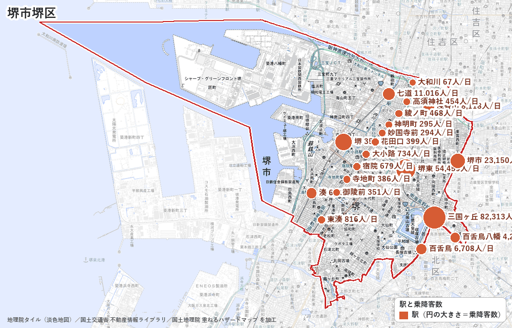 堺市堺区の駅と乗降客数の地図