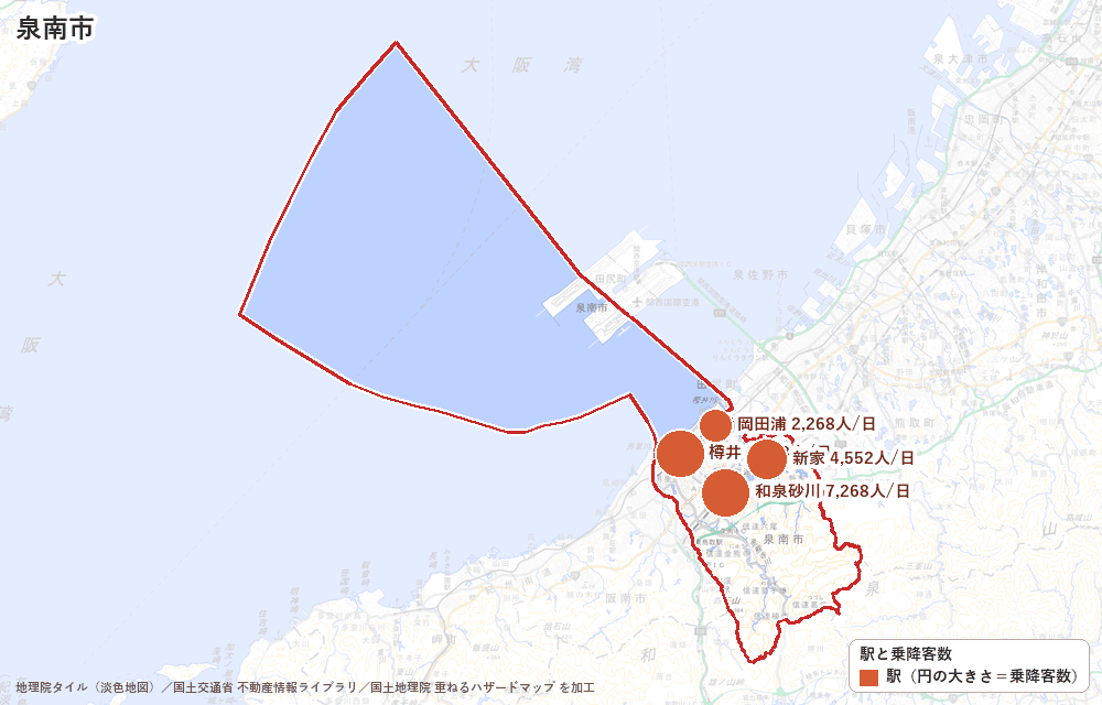 泉南市の駅と乗降客数の地図