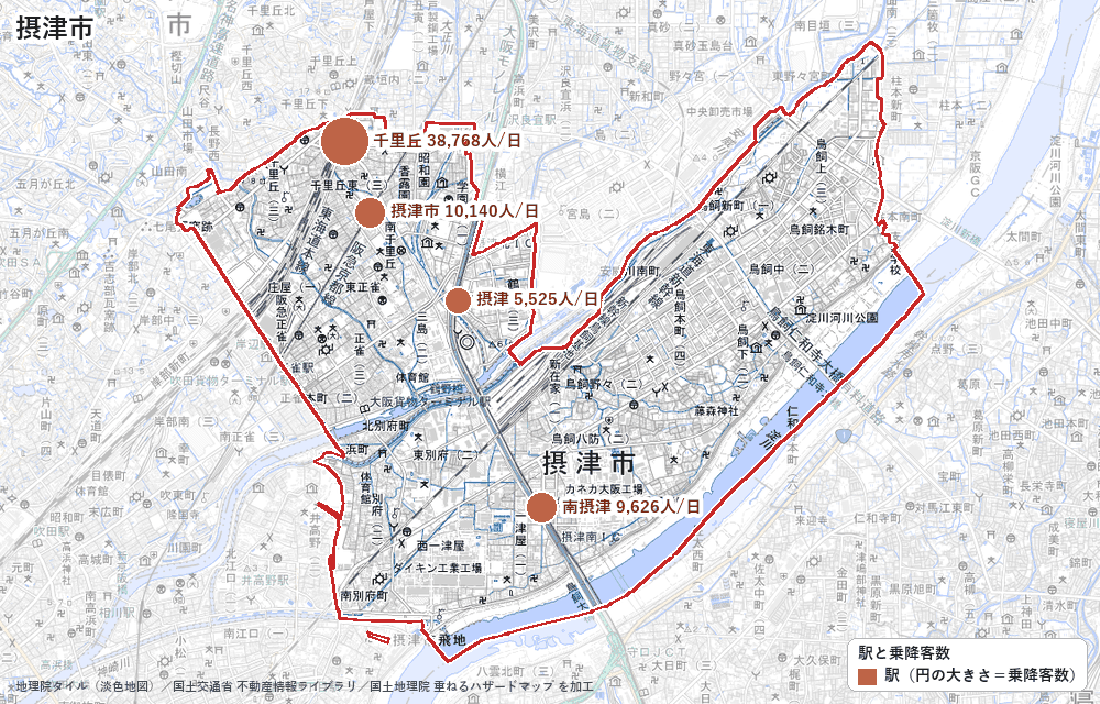 摂津市の駅と乗降客数の地図