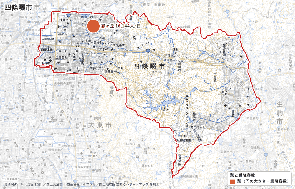 四條畷市の駅と乗降客数の地図