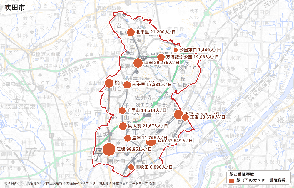 吹田市の駅と乗降客数の地図
