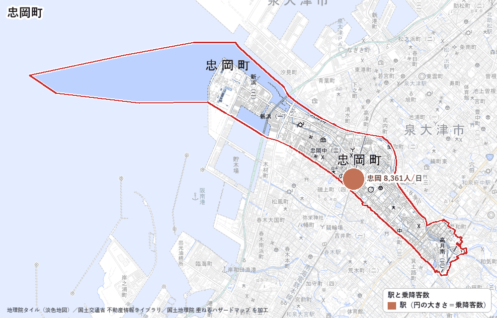 忠岡町の駅と乗降客数の地図