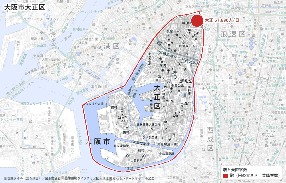 大阪市大正区の駅と乗降客数の地図