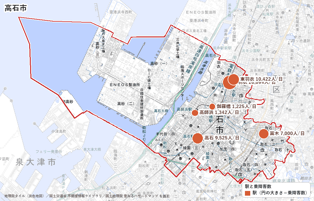 高石市の駅と乗降客数の地図
