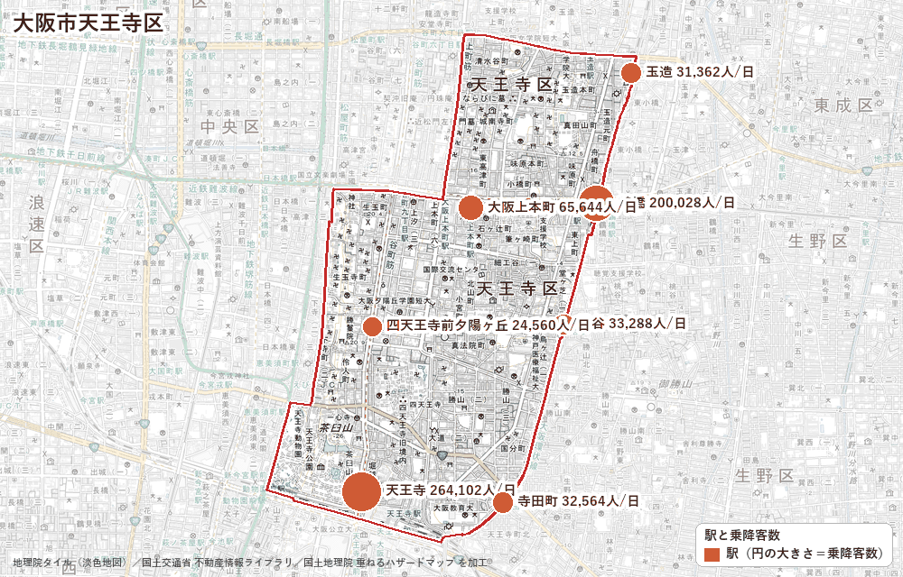 大阪市天王寺区の駅と乗降客数の地図