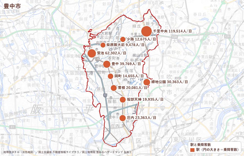 豊中市の駅と乗降客数の地図