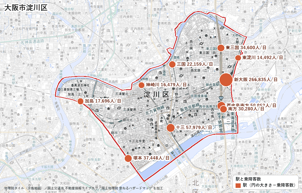 大阪市淀川区の駅と乗降客数の地図